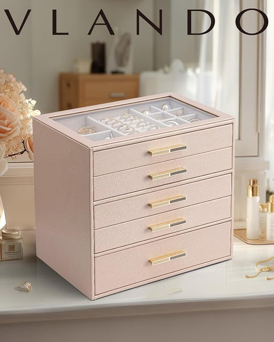 VLANDO 5 Layer Jewelry Box for Women, Glass Lid Jewelry Organizer with 5 Drawers for Necklaces Rings Earrings Bracelets - Toffee
