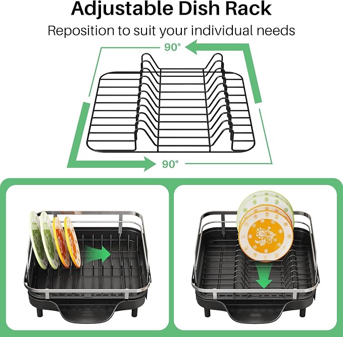 SAYZH Dish Drying Rack - Expandable Dish Rack for Kitchen Counter, Rust-Resistant Dish Drainer with Utensil Holder and Raised Guardrail, Kitchen Organizer for Cup and Bottle (Black)