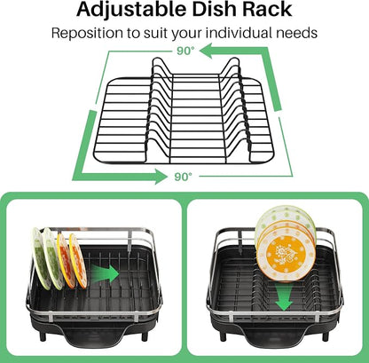 SAYZH Dish Drying Rack - Expandable Dish Rack for Kitchen Counter, Rust-Resistant Dish Drainer with Utensil Holder and Raised Guardrail, Kitchen Organizer for Cup and Bottle (Black)