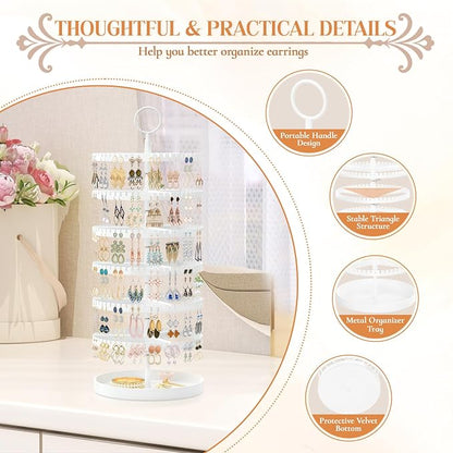 iDavosic.ly 6 Tier Rotating Earring Holder Organizer with Metal Tray, Adjustable Plastic Dangle Display Stands Tree with 342 Grooves, Large Hoop Storage Rack Tower, White