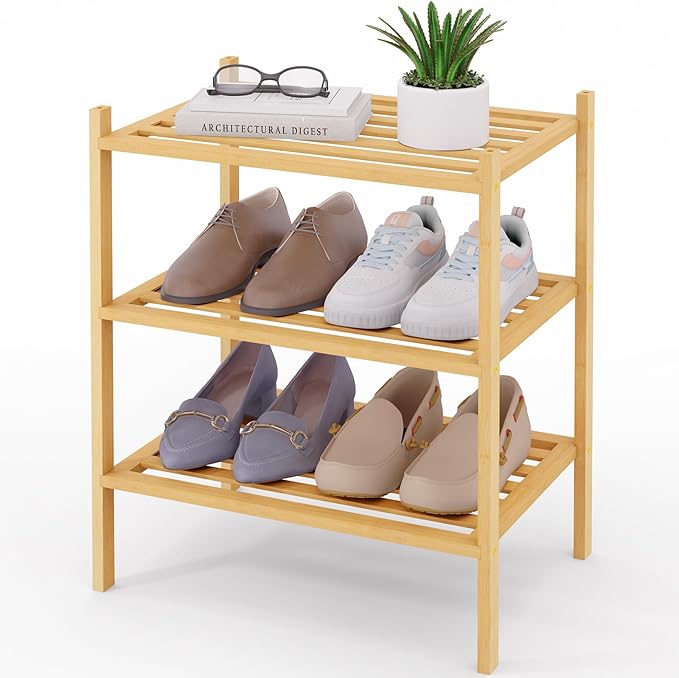 Smiry Small Bamboo Shoe Rack 3-Tier, Stackable Wooden Shoe Organizer for Entryway & Closet, Free Standing Wood Shoe Storage Shelf for Front Door & Small Spaces, Natural