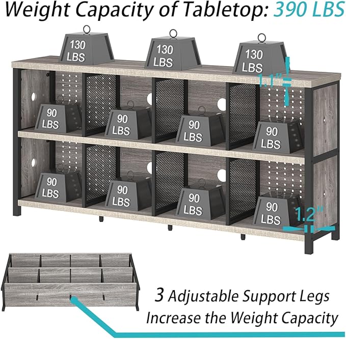 LVB Industrial 4 5 6 7 8 Cube Bookcase, Rustic Wood Metal Horizontal Bookshelf, Modern Wide Cube Organizer Storage Shelf, Large Long Low Book Shelf for Office Bedroom Living Room, Light Grey Oak 63 In