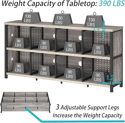 LVB Industrial 4 5 6 7 8 Cube Bookcase, Rustic Wood Metal Horizontal Bookshelf, Modern Wide Cube Organizer Storage Shelf, Large Long Low Book Shelf for Office Bedroom Living Room, Light Grey Oak 63 In