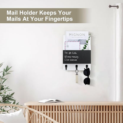 Key and Mail Holder for Wall Mount, Entryway Mail Holder with 2 Slot, Key Holder with 3 Sturdy Hooks for Coat, Dog Leash, Decorative Key Rack (8.86”W x 11.42”H x 3”D) (White)