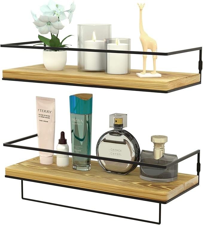 ZGO Floating Shelves for Wall Set of 2, Wall Mounted Storage Shelves with Metal Frame and Towel Rack for Bathroom, Kitchen, Bedroom(Wood)