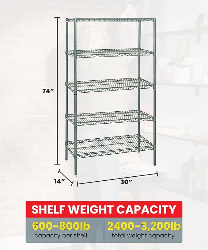 Quantum Storage Systems WR74-1430P-5 Wire Shelving Starter Kit, 30" W x 14" D x 74" H, 600 lbs Capacity, Carbon Steel, Epoxy Coated, Green, NSF