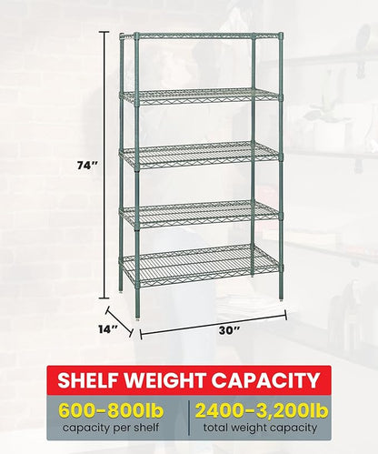 Quantum Storage Systems WR74-1430P-5 Wire Shelving Starter Kit, 30" W x 14" D x 74" H, 600 lbs Capacity, Carbon Steel, Epoxy Coated, Green, NSF