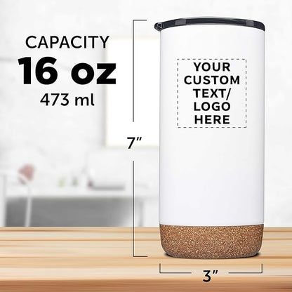 DISCOUNT PROMOS Custom Tumblers Cork Bottom 16 oz Set of 10/50/100 Personalized Bulk Pack Double Wall Insulated Matte Finish Iced Coffee Soda - White