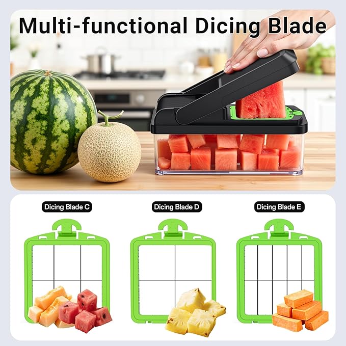 SpaceHacks 15-in-1 Vegetable Chopper, Kitchen Gadgets with 10 Blades, Veggie, Food, Onion Chopper, Cucumber Slicer, Versatile Mandoline, Includes Egg Separator & Finger Guard, Green