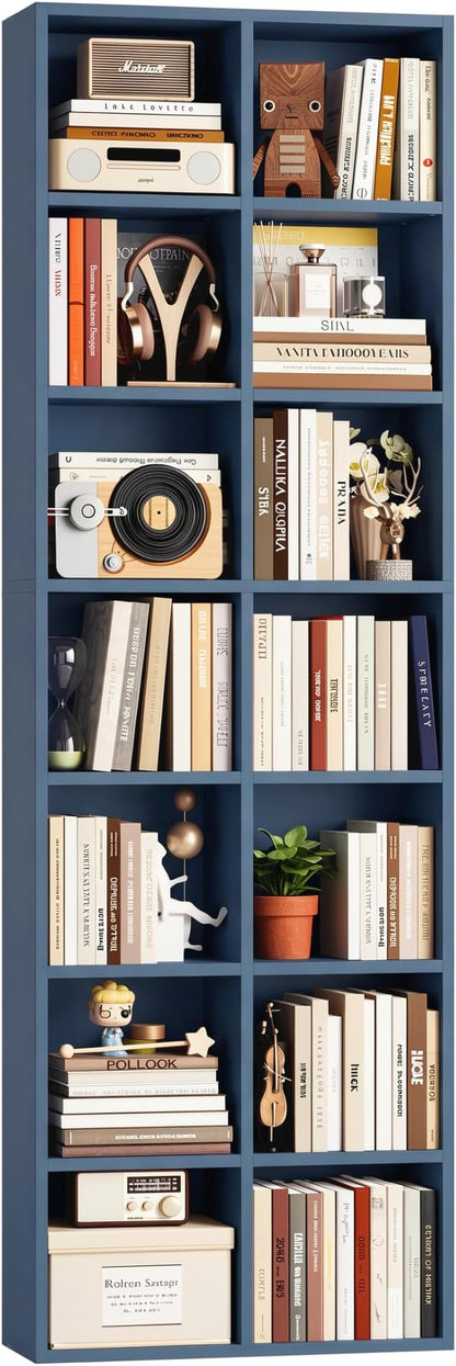 FOTOSOK 71'' Tall Bookshelf with 14 Cubes, 7 Tier Double Wide Bookshelf with 6 Adjustable Shelves, 19.6" Narrow Bookcase DVD/CD Media Storage Shelf, Space Saving Display Shelf Cabinet, Blue