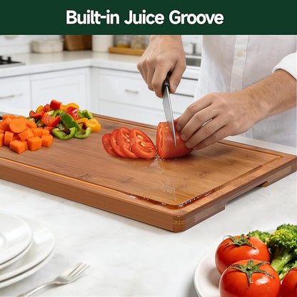 4-Piece Set Bamboo Cutting Board for Kitchen - Crack-Resistant Wood Chopping Boards with Deep Juice Grooves, Pre-Oiled Butcher Block for Meat, Vegetables & Cheese, Carbonized