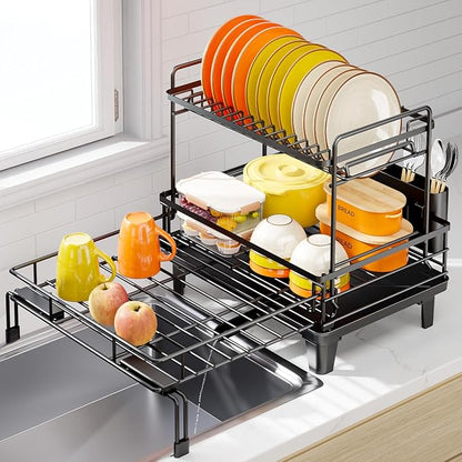 Urackify Dish Drying Rack - Large Dish Racks for Kitchen Counter, Extendable Sink Dish Drainer, Rustproof Dish Strainer with Utensil Holder, 2 Tier Black