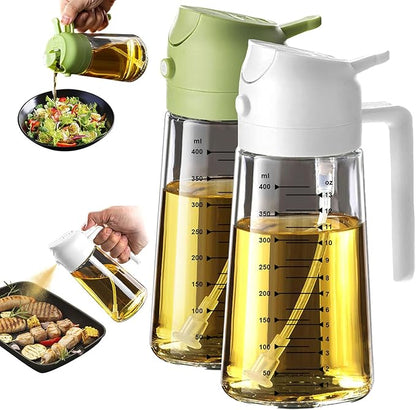 TrendPlain 16oz/470ml Glass Olive Oil Sprayer for Cooking – 2 in 1 Olive Oil Dispenser Bottle for Kitchen Gadgets and Air Fryer Accessories, Salad, BBQ - White & Green