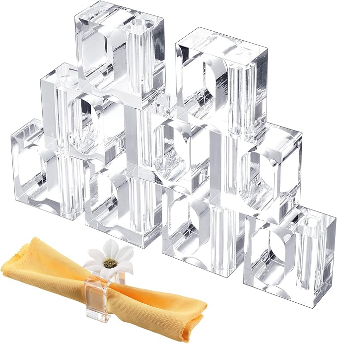 Meanplan 12 Pcs Flower Napkin Rings Clear Acrylic Napkin Holder Rings Bulk Square Flower Bud Vase Combo for Wedding, Birthday Banquet Table Decor, 1.77 x 1.97 Inch