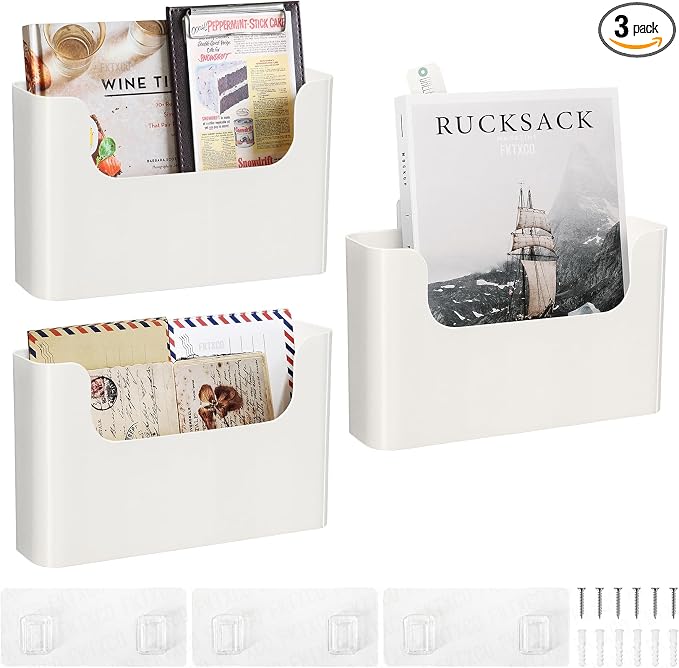 Wall Mount Folder Holder File Organizer No Drilling File Holder Hanging File Mail Organizer Door Office Mail Supplies Storage Magazine Envelope Planner Wall Single Pocket (Off White,3 Pack)