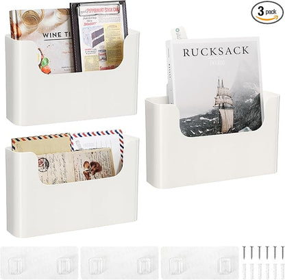 Wall Mount Folder Holder File Organizer No Drilling File Holder Hanging File Mail Organizer Door Office Mail Supplies Storage Magazine Envelope Planner Wall Single Pocket (Off White,3 Pack)