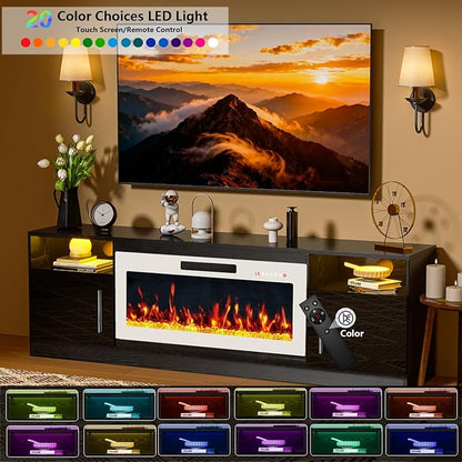 PRETZI Fireplace TV Stand with 36" Fireplace Up to 80" TVs,70" Entertainment Center with LED Lights,Remote Control,TV Media Console with Storage Cabinets for Living Room,White+Black