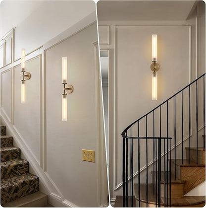30" 2 Lights Hardwired Frosted Glass Bathroom Wall Sconces, Handmade Knurled Brass Wall Light Fixture,Modern Vanity Light for Living Room,Hallway, Bedroom, Indoor Wall Lamp, Bulb Included