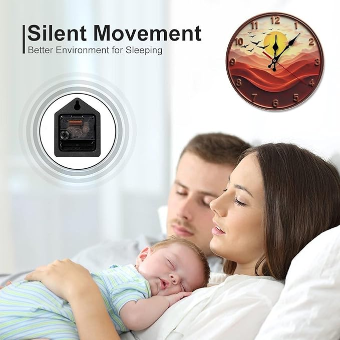 Wall Clock， Sunset Desert Landscape Non Ticking Wall Clocks Battery Operated， Red Wooden Wall Clocks for Kitchen， Living Room， Bedroom， Office， Bathroom Decorative 25 * 25cm