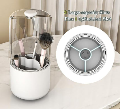 Makeup Brush Holder with Dustproof Cover, Clear 360 Rotating Make Up Brushes Organizer for Counter Vanity Bathroom, White