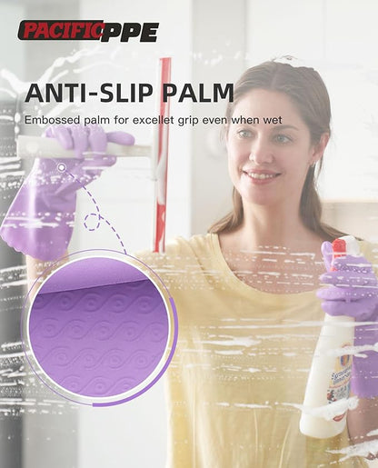 PACIFIC PPE 4 Pairs Reusable Dishwashing Cleaning Gloves with Latex Free, Cotton Lining, Kitchen Gloves, Purple, Small