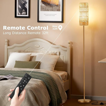 Ambimall 64'' Floor Lamps for Living Room with Remote Control and Stepless Dimmable Colors Temperature & Brightness, Boho Gold Standing Lamp with Beige Rattan Shade