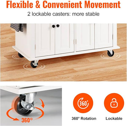 VEVOR Kitchen Island Cart with Solid Wood Top, 35.4" Width Mobile Carts with Storage Cabinet, Rolling Kitchen Table with Spice Rack, Towel Rack, and Drawer, Portable Islands on Wheels, White