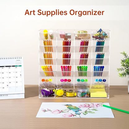 BEYGORM Acrylic Vertical Marker Organizer for 250 Markers with 21 Compartments, Clear Angled Pen & Pencil Holder, Large Desk Stationery & Art Supply Storage for Office & School (13 x 12.5 x 4 Inch)