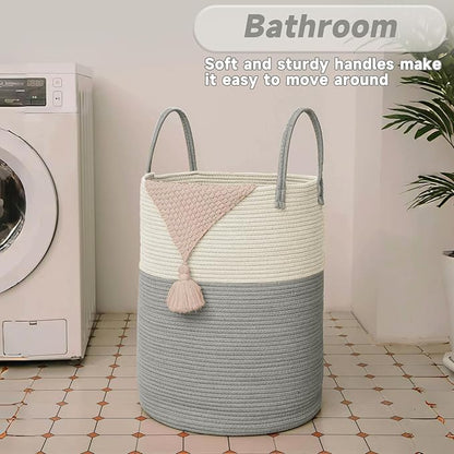 JMvicyroam Large Woven Laundry Basket Hamper,100L Cotton Rope Storage Bin for Blankets,Toys and Clothes,Decorative Tall Nursery Hamper for Living Room,Baby Nursery,Bathroom and Bedroom,White and Grey