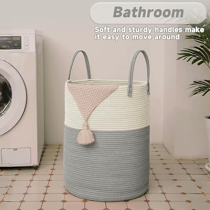 JMvicyroam Large Woven Laundry Basket Hamper,80L Cotton Rope Storage Bin for Blankets,Toys and Clothes,Decorative Tall Nursery Hamper for Living Room,Baby Nursery,Bathroom and Bedroom,White and Grey