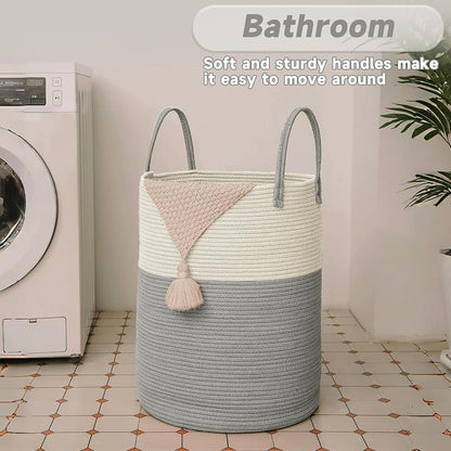 JMvicyroam Large Woven Laundry Basket Hamper,80L Cotton Rope Storage Bin for Blankets,Toys and Clothes,Decorative Tall Nursery Hamper for Living Room,Baby Nursery,Bathroom and Bedroom,White and Grey