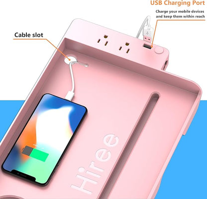 Hiree Bedside Shelf for Dorm Bunk Bed with USB Charging Port and 2 AC Outlets, Bed Side Table Tray Organizer, College Dorm Essential, Clip On Bedside Tray, Cool Teen Girls Trendy Stuff (Pink)
