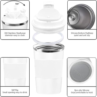 YINBAOGE Insulated Travel Coffee Mug, Spill & Leak Proof, Portable To Go Camping Stainless Steel Coffee Tumbler, Reusable Thermal Coffee Cup with Lid for Hot & Cold Drinks (White, 17 OZ)