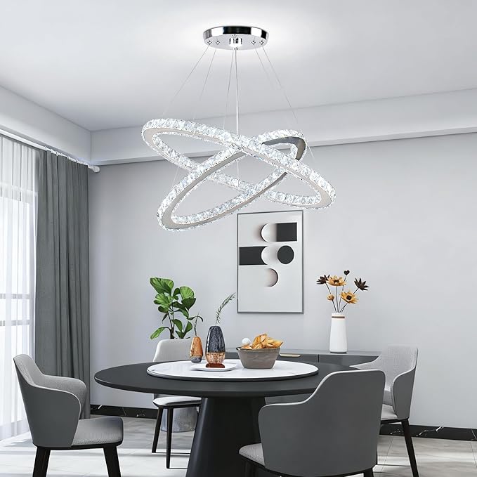 23.6'' Oval Crystal Chandelier, 2-Ring LED Pendant Island Light, 6500K Cool White Non-Dimmable Modern Ceiling Lighting for Kitchen Island Dining Room Living Room Bedroom