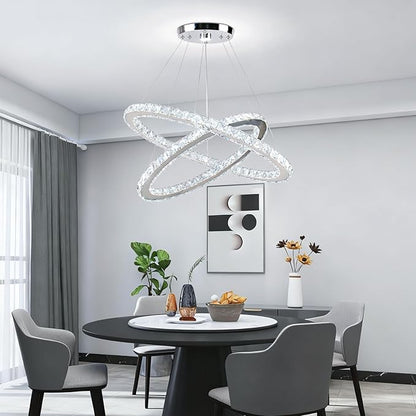 23.6'' Oval Crystal Chandelier, 2-Ring LED Pendant Island Light, 6500K Cool White Non-Dimmable Modern Ceiling Lighting for Kitchen Island Dining Room Living Room Bedroom