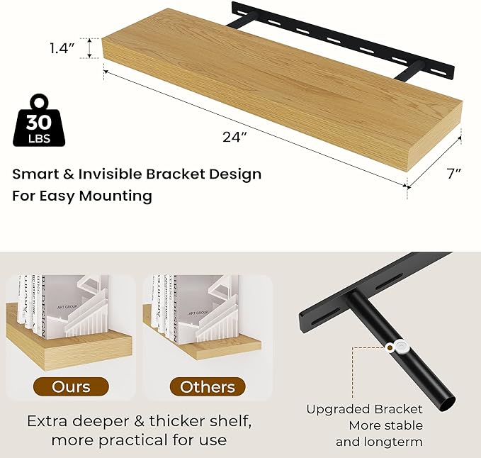 Dreamland 24 inch Floating Shelves Long Floating Shelves for Wall Large Wall Mounted Shelves with Invisible Brackets, Oak Shelves for Bathroom, Living Room, Kitchen, Office, 24x6.7 inch deep Set of 2