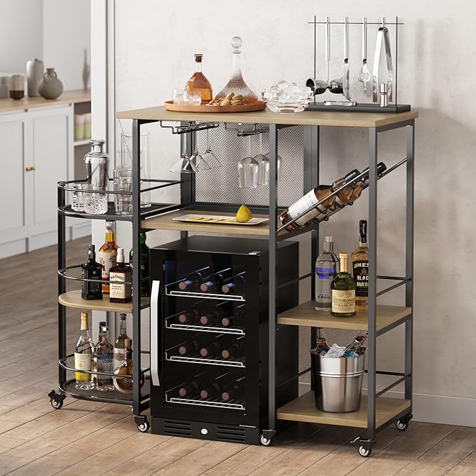 Bar Cart, Home Bar Service Cart with Wine Rack and Glass Holder, Kitchen Cart with Rolling Wheels, Metal Bar Rack with 7 Tiers Storage for Home, Kitchen, Living Room, Dining Room (Wood)