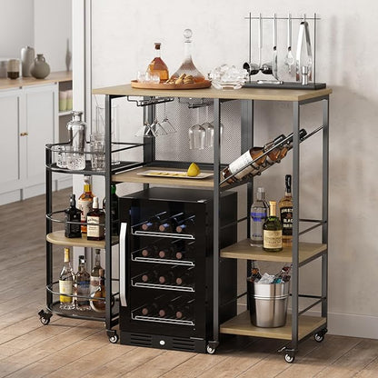 Bar Cart, Home Bar Service Cart with Wine Rack and Glass Holder, Kitchen Cart with Rolling Wheels, Metal Bar Rack with 7 Tiers Storage for Home, Kitchen, Living Room, Dining Room (Wood)