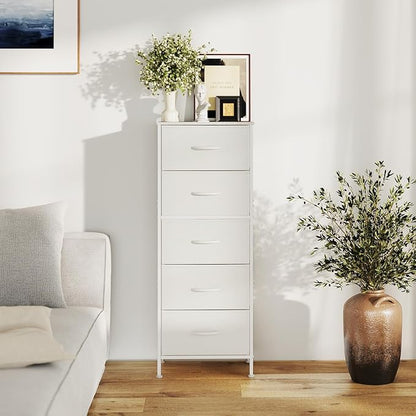Sweetcrispy 5 Drawer Dresser with Fabric Bins Steel Frame Wood top Storage Chest for Bedroom Closet Hallway White Compact Organizer Durable Home Storage Solution