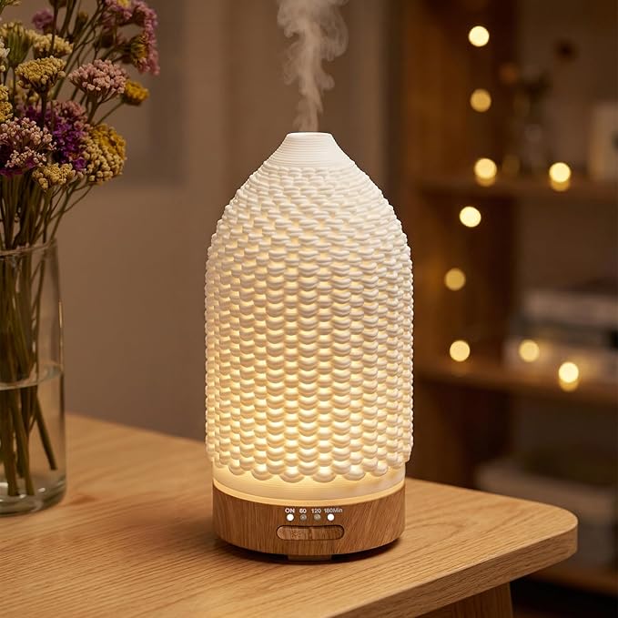 Ultrasonic Essential Oil Diffuser 100ML - Cool Mist Humidifier, 7-Color LED Lights, 3 Timer & Auto Shut-Off, Ideal Gift for Home Bedroom Office (Cream)