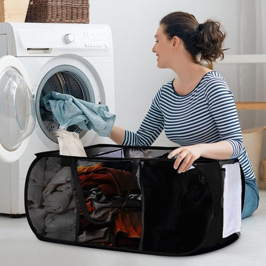 Foldable Laundry Baskets, Collapsible Mesh Laundry Hamper, Durable Pop Up Laundry Basket, 3 Compartments Clothes Hampers for Laundry, Easy to Carry & Sort for Dorm, Home, Kids Room, Travel Black