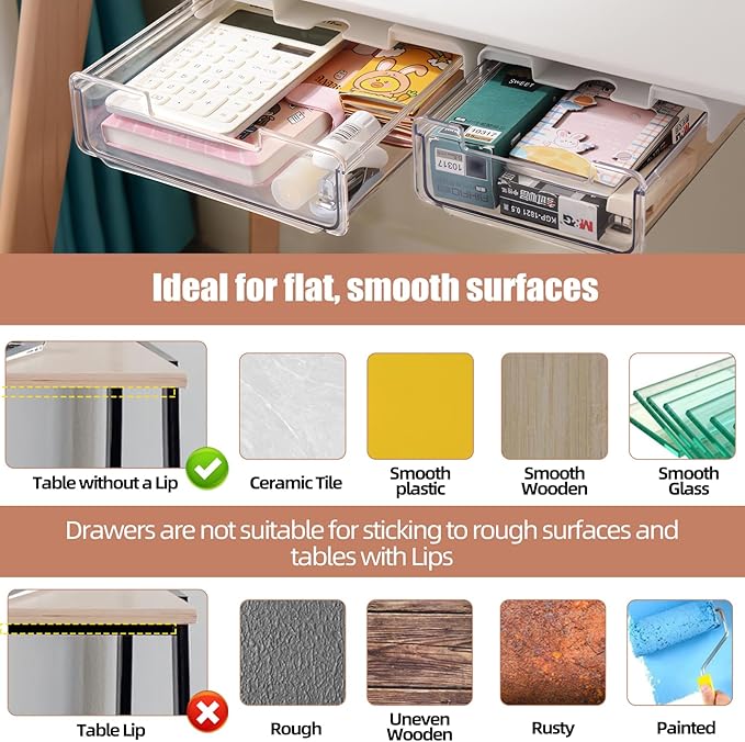 2 Pack Under Desk Storage Drawers Slide Out-Drill-On or Self-Adhesive,Large&Medium Drawer Under Desk Organizer Under Table Drawer for Home Office School Organization and Storage