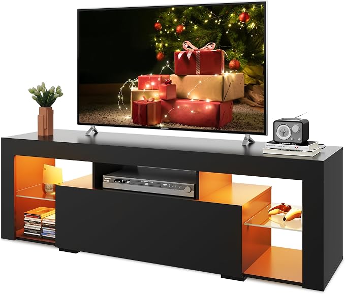WLIVE TV Stand with LED Lights & 2 Large Storage Drawers, Modern Entertainment Center for 32/43/50/55/60 Inchs TVs, Sturdy TV Console for Living Room, Bedroom(Black)