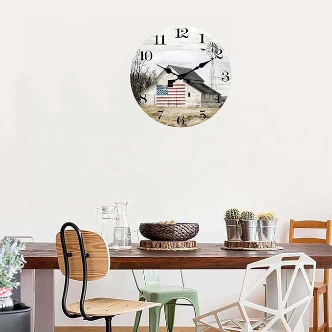 XFM Farmhouse Wall Clock 14 Inch Rustic Barn Wooden Clocks Silent Non-Ticking Battery Operated Country Landscape Small Round Clock for Living Room Kitchen Bedroom Office