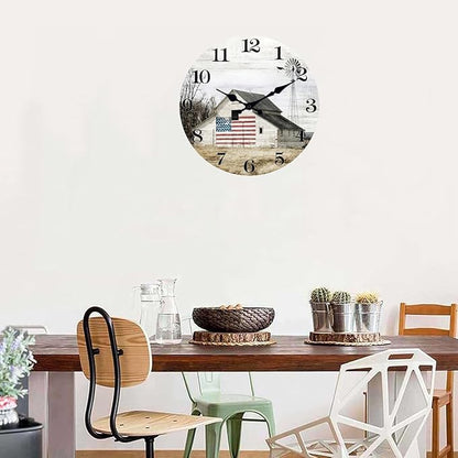 XFM Farmhouse Wall Clock 14 Inch Rustic Barn Wooden Clocks Silent Non-Ticking Battery Operated Country Landscape Small Round Clock for Living Room Kitchen Bedroom Office