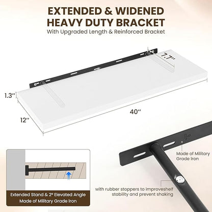 Dreamland 40" Floating Shelves for Wall, 12" Deep Slim White Floating Shelves, Wall-Mounted Shelves for Bedroom, Living Room, Kitchen, Bathroom - Set of 2