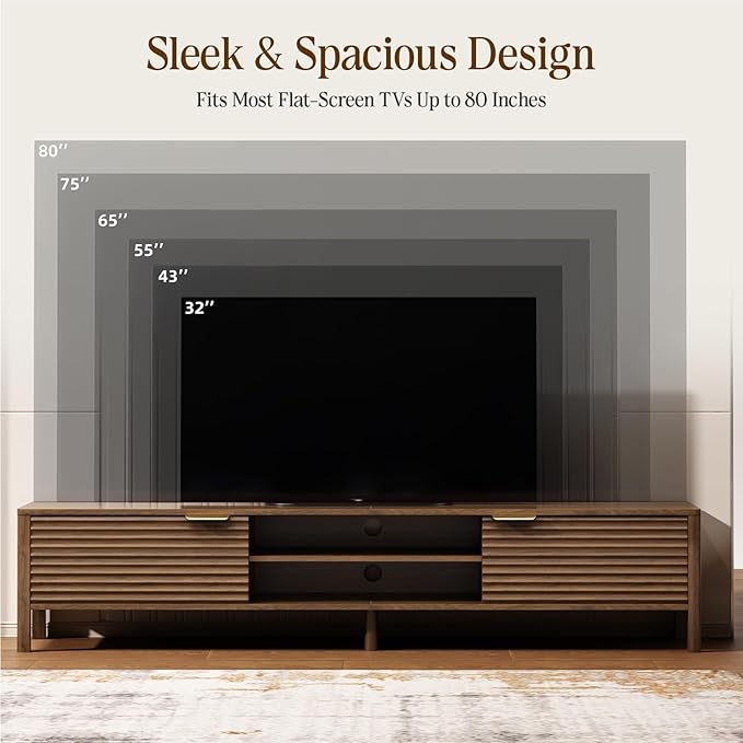 IKALIFE TV Stand for Living Room - up to 80 Inch TVs Mid Century Modern Entertainment Center with Storage and Adjustable Shelves, Media Console Table Walnut 70"