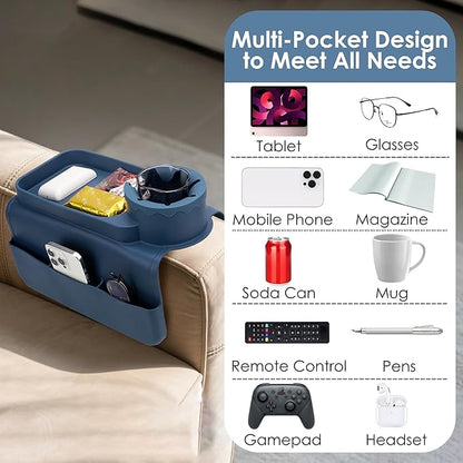 Silicone Couch Caddy for Wide Arms (6-12") with Cup Holder & Deep Sofa Remote Pockets - Anti-Slip Couch Arm Tray Table for Drinks, Phone, Snacks - Living Room Organizer (Blue)