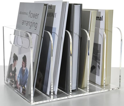 Clear Acrylic Organizers - 5 Vertical Compartments Acrylic Folder Organizer & File Organizer, Desk Document Storage Bins for Magazines, Binders - Multipurpose Home Office Desk Organizer