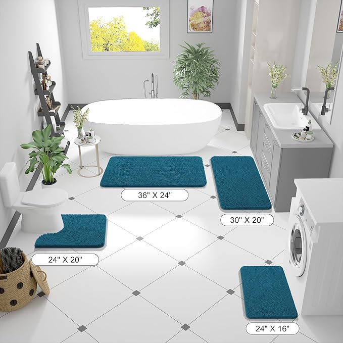OLANLY Small Bathroom Rugs 24x16, Extra Soft Absorbent Chenille Bath Rugs, Rubber Backing Quick Dry, Machine Washable Bath Mats for Bathroom Floor, Tub and Shower, Home Decor Accessories, Peacock Blue